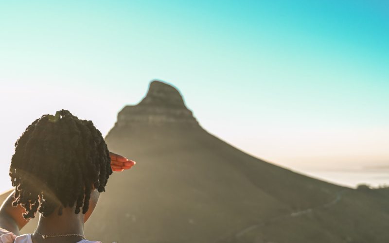 Hiker on Kloof Croner Hike looking at Lions head